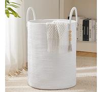 YOUDENOVA Cesta de lavandería Trenzada, cesta de ropa, organizador de juguetes, cesta de almacenamiento con asa, hecha a mano, de algodón (blanco puro, 38 cm (D) x 50 cm (A))