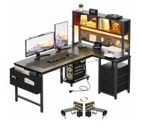 YOUDENOVA Escritorio en L Reversible, Escritorio Gaming con Panel Perforado y Estantería, Mesa de Ordenador con LED, Corriente y USB, 3 Cajones, Mesa de Trabajo 135x100 cm Negro