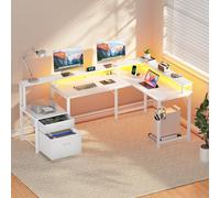 YOUDENOVA Escritorio esquinero con cajones, forma L, 168 x 100 cm, mesa para videojuegos con LED, mesa de ordenador con enchufe y puerto de carga USB, mesa de oficina, color blanco