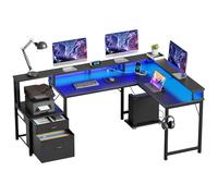 YOUDENOVA Escritorio esquinero con cajones, forma L, 168 x 100 cm, mesa para videojuegos con LED, mesa de ordenador con enchufe y puerto de carga USB, mesa de oficina, color negro