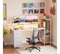 YOUDENOVA Escritorio para videojuegos con 4 cajones de tela, 150 x 48 cm, reversible, con LED y enchufe, mesa de oficina con soporte para monitor, conexión USB, mesa para ordenador en casa, oficina y