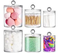 YOUEON Paquete de 6 tarros acrílicos de boticario con tapas, 32/20/10 onzas, soporte para bolas de algodón y almohadillas, tarro de caramelo para sal de baño, almohadillas de algodón, caramelos