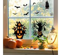 Youery Halloween Fensterbilder, 4 Sheets 63 PCS Halloween Fensteraufkleber Fensterdeko Selbstklebend, Fledermäuse Kürbis Spukhaus Motive, enster Sticker für Dekorationen Party Karneval