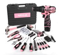 YOUGFIN Kit de herramientas para el hogar con taladro eléctrico de 12 V, juego combinado de taladro inalámbrico rosa para mujer, 195 piezas de herramientas domésticas con caja de transporte portátil
