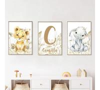 Youihom 3 Cuadros Animales Selva 30 x 40 Laminas Infantiles Inicial Poster Personalizado Bebe Beige Cuadros de Safari Elefante León Jirafa Cebra Laminas Lienzo sin Marco