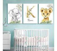 Youihom 3 Laminas Bebe Personalizada Nombre Cuadro Safari Leon Elefante Colores Poster Animales Selva Decoracion Pared Infantil Habitacion Niño Regalo 30 x 40 cm sin Marco