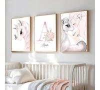 Youihom 3 Laminas Personalizadas Bebe Poster el Nombre de la Rosa 30x40 Poster Unicornio Niña Laminas Infantiles para Habitacion Flores Mariposas Poster Lienzo sin Marco