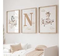 Youihom 3 Laminas Personalizadas Niña Cuadros con Nombre para Bebe 30x40 Beige Poster Animales Infantil Jirafa Zebra Nube Estrellas Laminas Lienzo sin Marco