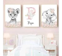 Youihom 3 Poster Nombre Personalizado Bebe Laminas Rosa y Gris Safari Elefante León Cuadro Habitacion Dormitorio Niña Niños Decoración Pared Lienzo Infantil Regalo 30x40 cm sin Marco