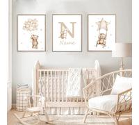 Youihom 3 Poster Nombre Personalizado Laminas Bebe Oso Beige Nubes Globo Estrellas Cuadros Habitacion Infantil Niña Niño Lienzo Pared Decoracion Dormitorio Regalo A3 sin Marco