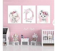 Youihom 3 Poster Personalizado Bebe Cuadro Nombre Niña Flores León Elefante Rosa y Gris Decoracion Pared Dormitorio Infantil Regalo 30 x 40 cm sin Marco