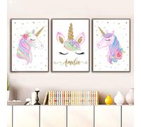 Youihom Lote de 3 Laminas Unicornios para Niñas Cuadro Nombre Personalizado Bebe 30 x 40 cm Oro Rose Poster Colores Vivos Lienzo Decorativo para Pared Habitación Infantil Regalo sin Marco
