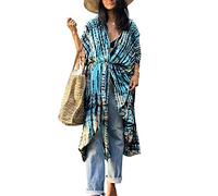 YouKD Kimono bohemio de manga larga, cárdigan de playa para cubrir el traje de baño, vestido largo para mujer, D Azul, talla única