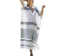YouKD Verano Algodón Suelto Cuello En V Caftán Vestido Boho Beach Bikini Cover Up Bata de Talla Grande para Mujer
