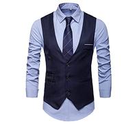 Youllyuu Chaleco de traje de color sólido para hombre con cuello en V, chaleco de vestir de negocios británico delgado de una sola botonadura, azul marino, 5XL