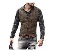 Youllyuu Chaleco de traje para hombre, a cuadros, sin mangas, chaqueta a rayas, un solo pecho, chaleco de negocios, delgado, para boda o vestido de gala, marrón, L