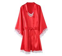 Youllyuu Conjunto de bata de satén con cuello en V y encaje para dormir de manga larga, Rojo A, S
