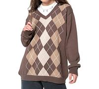 Young Forever Argyle Plaid Y2k Jersey para mujer con cuello en V Vintage Jersey de punto Harajuku años 90 para otoño invierno, marrón, S