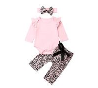 Young Forever - Conjunto de ropa de bebé para niña de manga larga + pantalón de leopardo + cinta para la cabeza para otoño invierno 3 piezas para 0 - 18 meses 1 año Rosa. 6-12 Meses