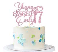 Young & Sweet Only 17 - Decoración para tarta de cumpleaños número 17, suministros para tartas de 17 años, decoración de fiesta de cumpleaños número 17, purpurina rosa