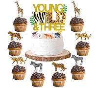 Young Wild & Three Jungle Animal Cake Topper, Cupcake Topper, Safari Jungle Animal Print, Happy 3rd Birthday Cake Topper, 3rd Birthday Party Decoration, Paquete de 25