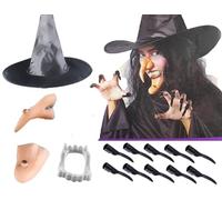 Young Wolf Juego de 5 accesorios de maquillaje para adultos para fiesta de Halloween (nariz, barbilla, figura de uñas, dientes y sombrero)