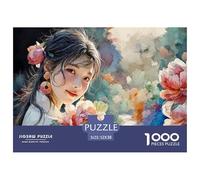 Young Woman with Long Black Hair 1000 Stück Ökopapier Puzzle Girl with Flowers Stressabbau Kreatives Spiel Puzzles Als Geburtstagsgeschenke 52x38cm/1000pcs