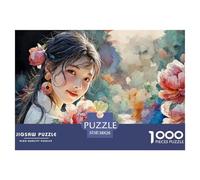 Young Woman with Long Black Hair 1000 Stück Premium-Karton Puzzle Girl with Flowers Lebendige Bilder Familienspiel Puzzles Als Wohnaccessoires 38x26cm/1000pcs