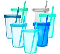Youngever 7 juegos de vasos de plástico para niños con tapas y popotes, 7 vasos reutilizables para niños pequeños con pajitas en 7 colores costeros