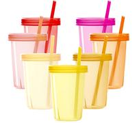 Youngever 7 Paquetes Vasos con Pajitas para Niños, 7 Vasos Plástico Reutilizables con Pajita para Niños en 7 Colores (Pink)