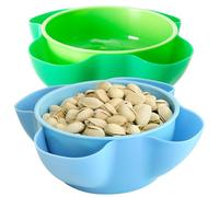 Youngever Paquete de 2 cuencos de plástico para nueces, cuencos dobles para servir aperitivos, cuenco de pistacho de 8 pulgadas, cuenco de servir nueces para maní, pistacho, edamame, fruta