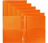 Youngever Paquete de 6 carpetas de plástico resistente con dos bolsillos con 3 puntas, cierre de puntas de metal, carpeta de plástico resistente con 2 bolsillos (naranja)