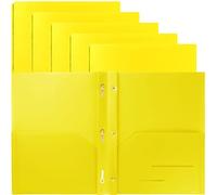 Youngever Paquete de 6 carpetas de plástico resistente de dos bolsillos con 3 puntas, cierre de puntas de metal, carpeta de plástico resistente de 2 bolsillos (amarillo)