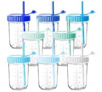 Youngever Paquete de 8 tarros de vidrio con popotes, vasos de vidrio de 8 onzas con popotes, tarros de vidrio con tapas herméticas y popotes, 8 colores costeros
