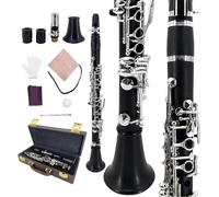 YoungMonic Clarinete Profesional de Madera de Ébano Mi Bemol Negro con Llaves Plateadas para Sinfonía y Músicos Avanzados Incluye Estuche Rígido, Cañas, Guantes y Kit de Cuidado Profesional Clarinetes
