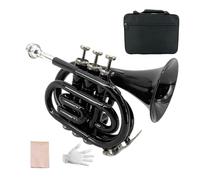 YoungMonic Trompeta de bolsillo profesional de latón con acabado lacado con funda de transporte y accesorios de limpieza para principiantes y músicos (negro)