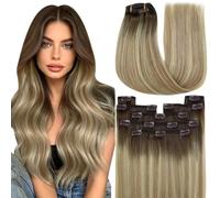 YoungSee Extensiones de cabello humano Ombre, color marrón, con clip, de color marrón a rubio, 60 cm, 7 unidades, 120 g