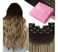 YoungSee Extensiones de clip de pelo humano degradado marrón a rubio, extensiones de clip de pelo humano invisible, 60 cm, 10 g, 7 unidades, extensiones de pelo largo liso