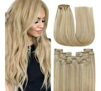 YoungSee Extensiones de pelo humano con clip de 60 cm, color rubio dorado con rubio claro, extensiones de pelo invisible, 7 unidades, 120 g
