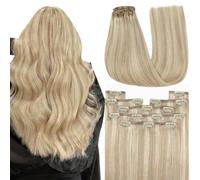 YoungSee Extensiones de pelo humano con clip en color rubio ceniza de 55 cm, 150 g, 7 unidades, rubio ceniza resaltado, rubio platino para mujeres, invisibles, para uso diario