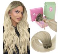 YoungSee Extensiones de pelo humano Remy con clip de 150 g, de rubio ceniza a rubio platino, Invisible, extensiones de cabello humano Remy, 60 cm, 7 unidades