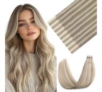 Youngsmile Invisi Edge Tape in Extensiones de pelo humano invisible, #18P60, color marrón claro con reflejos rubio platino, 20 unidades, 35 g, 40 cm, cinta de inyección, extensiones de pelo humano