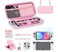 Younik Paquete de Accesorios para Switch OLED, 17 en 1 Kit de Accesorios de Color Rosa Incluye Funda de Transporte para Switch OLED, Soporte Ajustable, Funda Protectora para la Switch y J-con