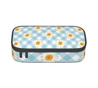 YounPrenG Estuche para lápices, Estuche para lápices Impreso de Gran Capacidad, Estuche para lápices, Estuche para lápices para Oficina y Escuela.Patrón De Cuadros Azules Flores Margaritas Retro