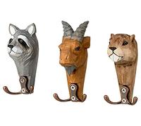 your castle Ganchos de pared de cabezas de animales de la Familia Safari - juego de 3 piezas de madera con 2 garras cada uno, de cabra, marmota y mapache, 11 x 6 cm