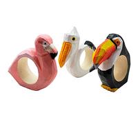 your castle Juego de 3 servilleteros con diseño de pájaros exóticos: pelícano, tucán y flamenco hechos de madera tallada y pintada a mano, aprox. 9 x 8 x 2 cm