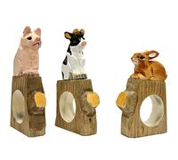 your castle Juego de 3 servilleteros con forma de animales sobre base: conejo, vaca y cerdo hechos de madera tallada y pintada a mano, aprox. 11 x 6 x 2 cm