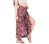 Your Cozy Pantalones palazzo de pierna ancha para mujer, pantalones de yoga hippie, harén fluidos, cintura ajustable, 27-35 pulgadas., Elefante rojo, M