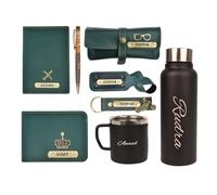 YOUR GIFT STUDIO Combo de regalo personalizado todo en uno para hombres | Cesta de regalo personalizada para hombre con nombre y encanto, portafolios de piel para hombre, cubierta de pasaporte, Verde