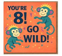 You're 8 Go Wild Monkey - Tarjeta de 8º cumpleaños para niños, divertido diseño de selva con dos monos descarados y confeti
